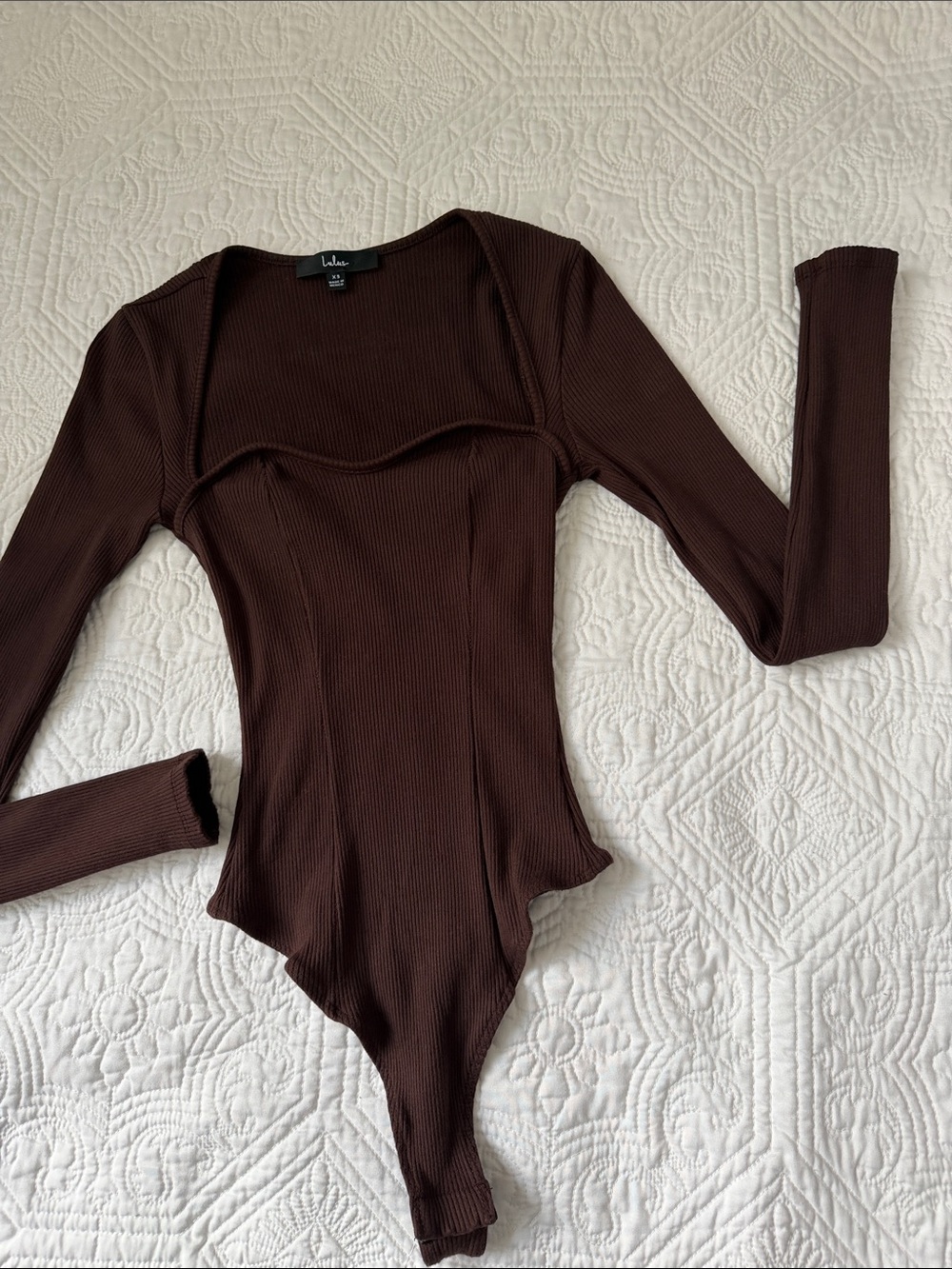 Lulu's Chocolate Ribbed Square Neck Long-Sleeve Bodysuit
